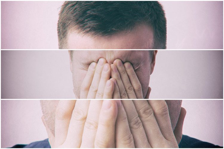 man covering his face - image is split three times - schizophrenia