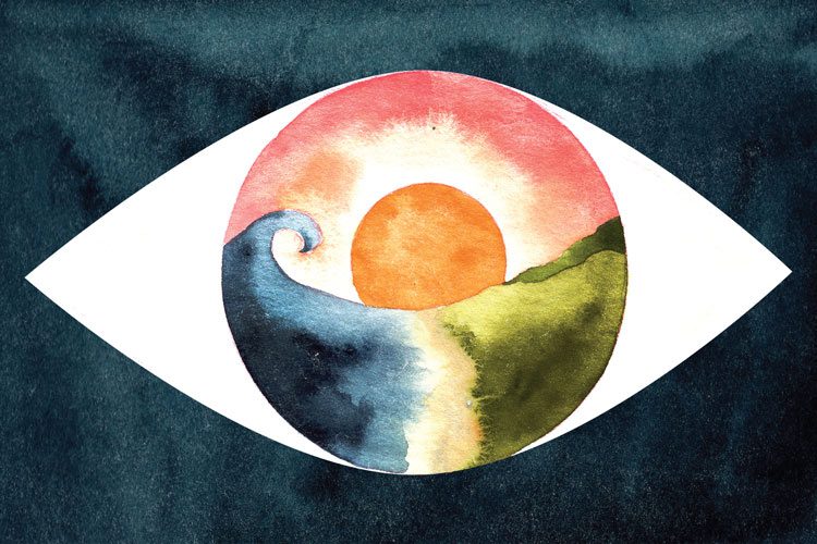 watercolor of an eye with waves and sun in the middle - mindfulness