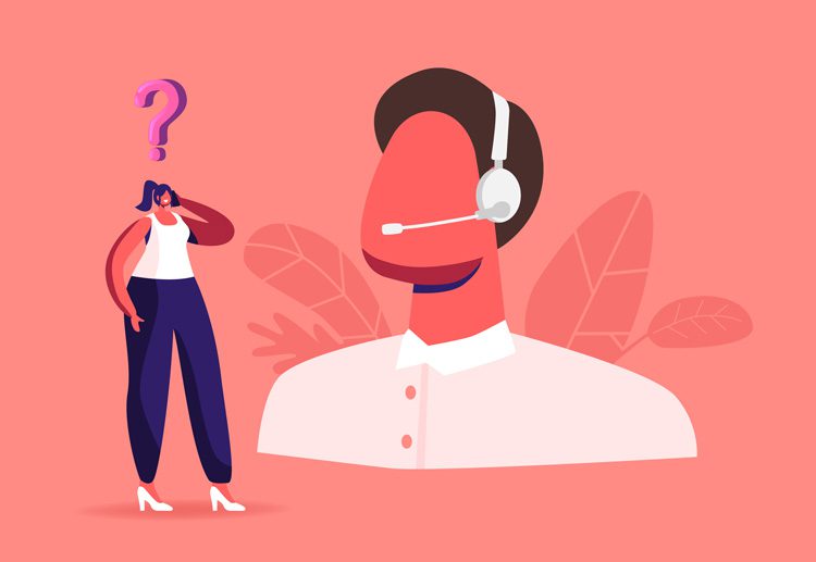 brightly colored digital illustration of a woman with a question mark over her head; she is on the phone and there is large version of the top half of the man she is talking to; he has on a headset - suicide prevention