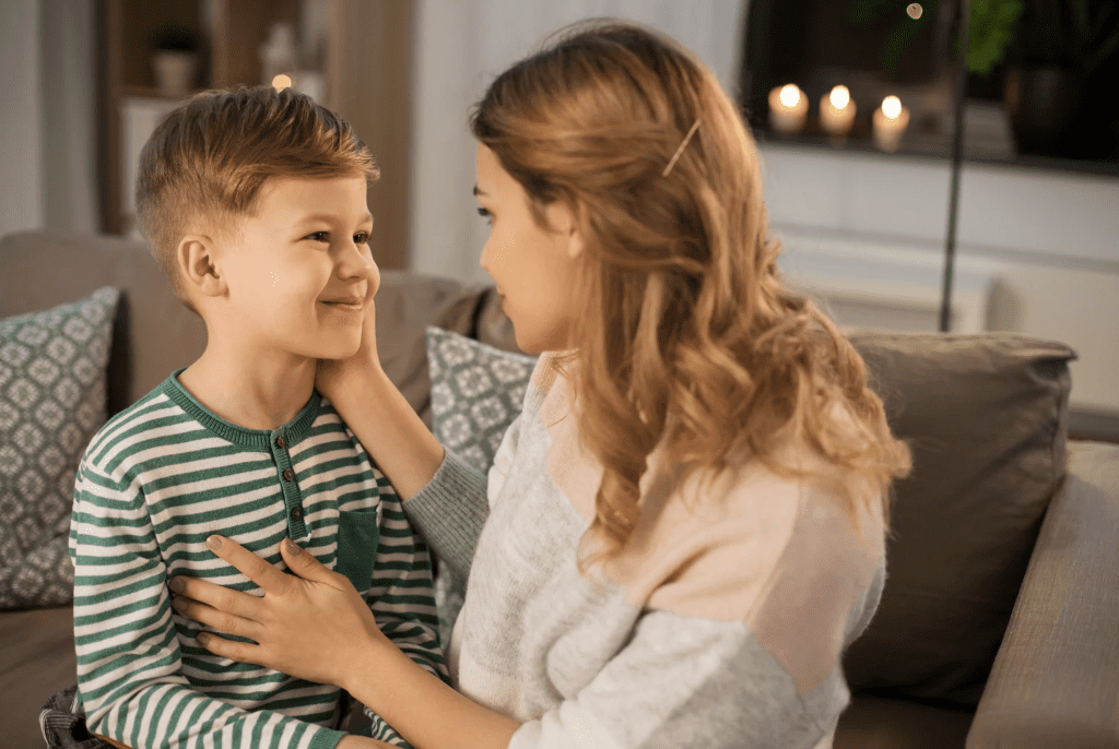 A mom talking to her son.
