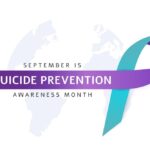 Purple and teal ribbon with the words “September is Suicide Prevention Awareness Month,” symbolizing hope and advocacy for suicide prevention.